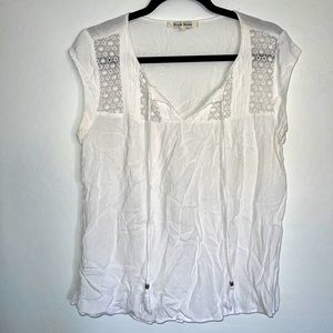 Black Rainn White Sheer Floral Tie Up Top Short Sleeve Large